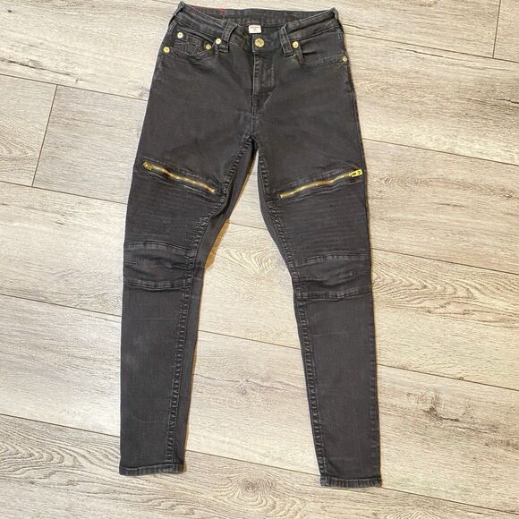 True Religion Womens 31 Moto Super Skinny Jeans Faded Black Zip Pockets Stretch - Picture 2 of 14